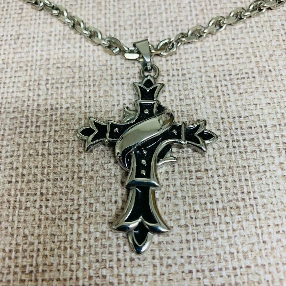 Stainless‎ Steel Black Enamel Scroll Cross Necklace